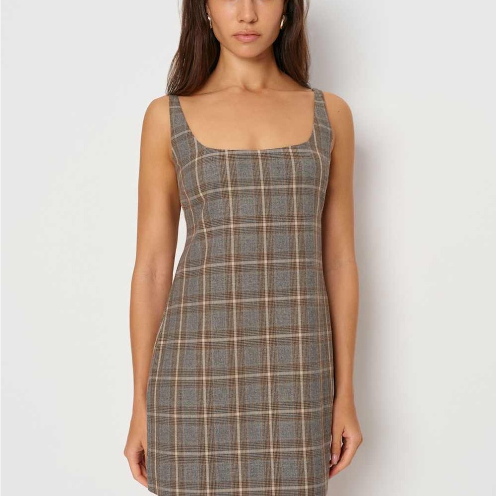 Reformation Elinda Dress Plaid Square-Neck Shift Dress in “café plaid”